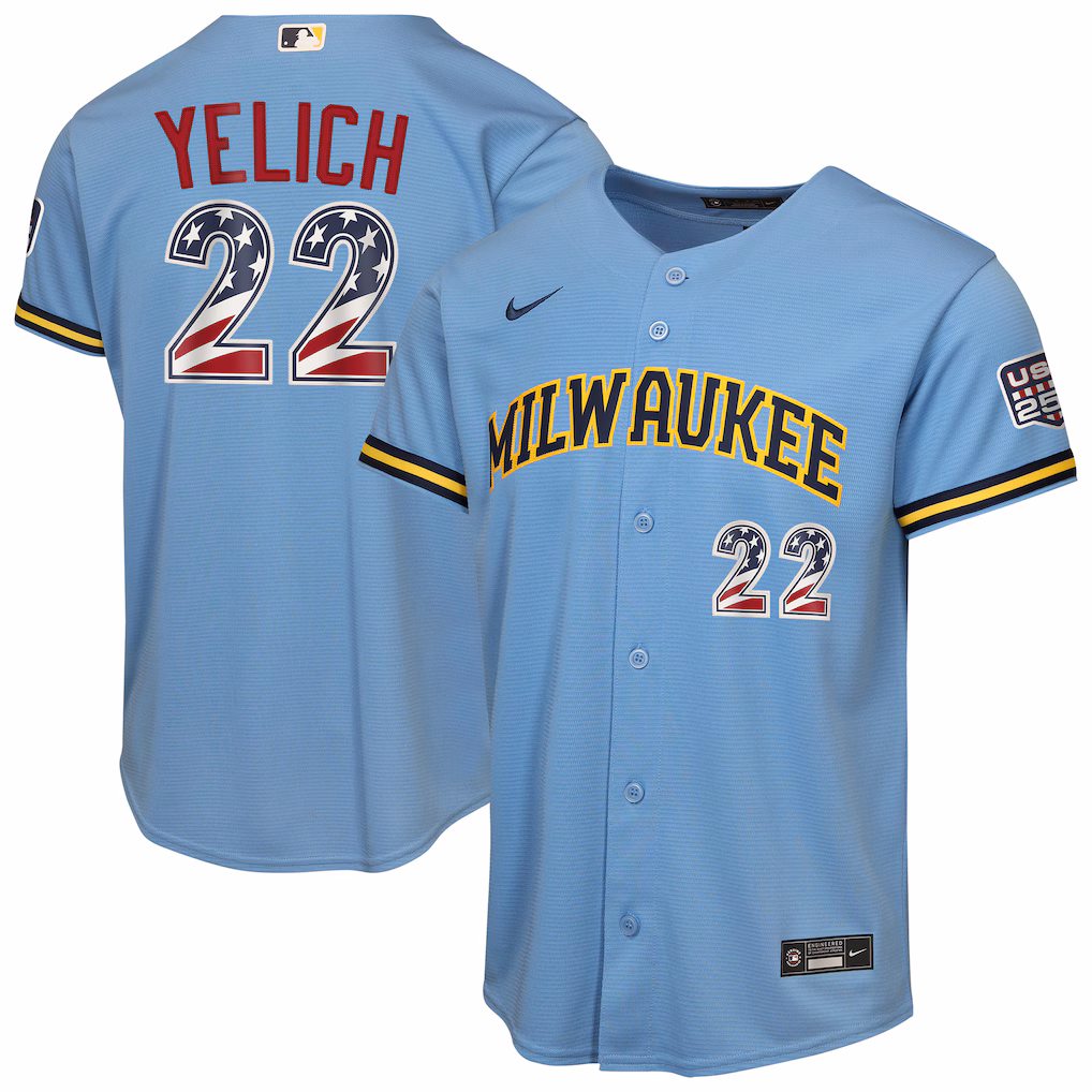 Youth Milwaukee Brewers Christian Yelich Nike Light Blue USA 250 Fourth of July Road Replica Jersey - Ujersey