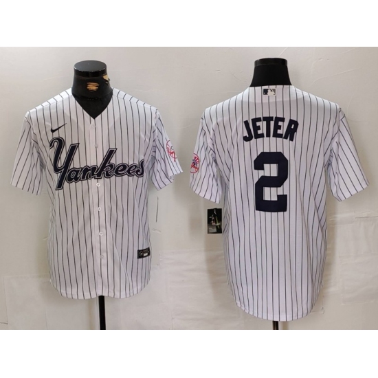 Men's New York Yankees #2 Derek Jeter White Pinstripe Fashion Cool Base Jersey - Ujersey