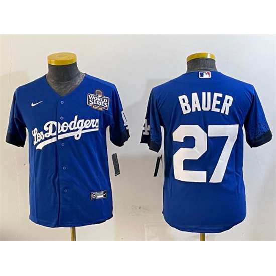 Women's Los Angeles Dodgers #27 Trevor Bauer Blue 2024 World Series City Connect Cool Base Stitched Jersey(Run Small) - Ujersey