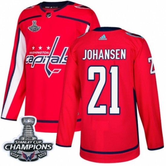 Men's Adidas Washington Capitals #21 Lucas Johansen Premier Red Home 2018 Stanley Cup Final Champions NHL Jersey - Ujersey