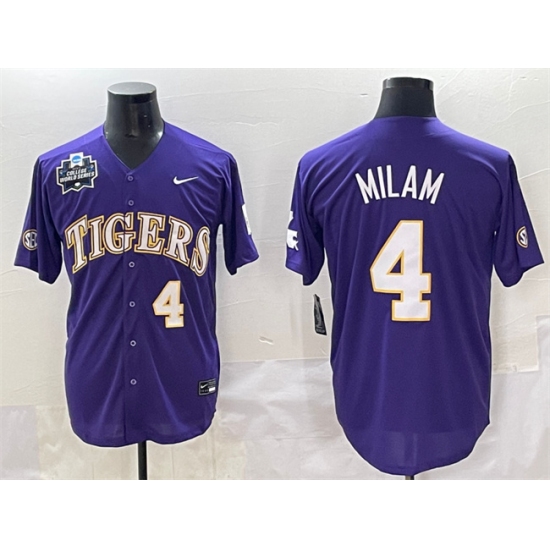 Men's LSU Tigers #4 Steven Milam Purple 2025 World Series & SEC Patch Stitched Baseball Jersey - Ujersey
