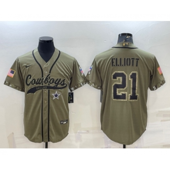 Men's Dallas Cowboys #21 Ezekiel Elliott 2022 Olive Salute to Service Cool Base Stitched Baseball Jersey - Ujersey