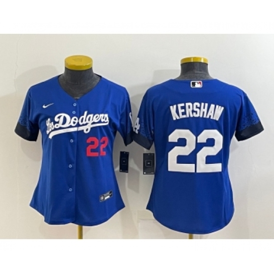 Women's Los Angeles Dodgers #22 Clayton Kershaw Blue 2021 City Connect Number Cool Base Stitched Jersey - Ujersey