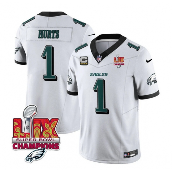 Men's Philadelphia Eagles #1 Jalen Hurts White 2025 Eagles Logo Super Bowl LIX New F.U.S.E. Vapor Untouchable Limited Football Stitched Jersey