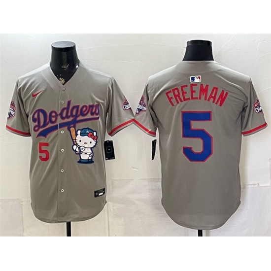 Men's Los Angeles Dodgers #5 Freddie Freeman Grey Hello Kitty Night 2025 World Series Champions Stitched Baseball Jersey - Ujersey