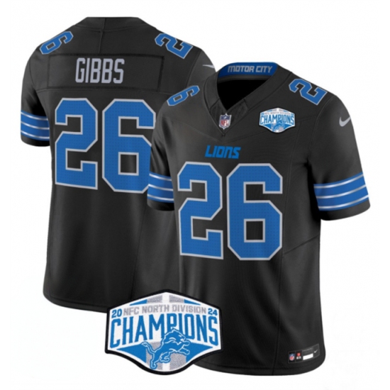 Men's Detroit Lions #26 Jahmyr Gibbs Black 2024 NFC North Champions F.U.S.E. Vapor Limited Stitched Jersey - Ujersey