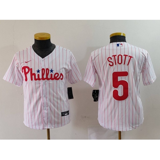 Youth Philadelphia Phillies #5 Bryson Stott White Pinstripe Stitched Cool Base Jersey - Ujersey