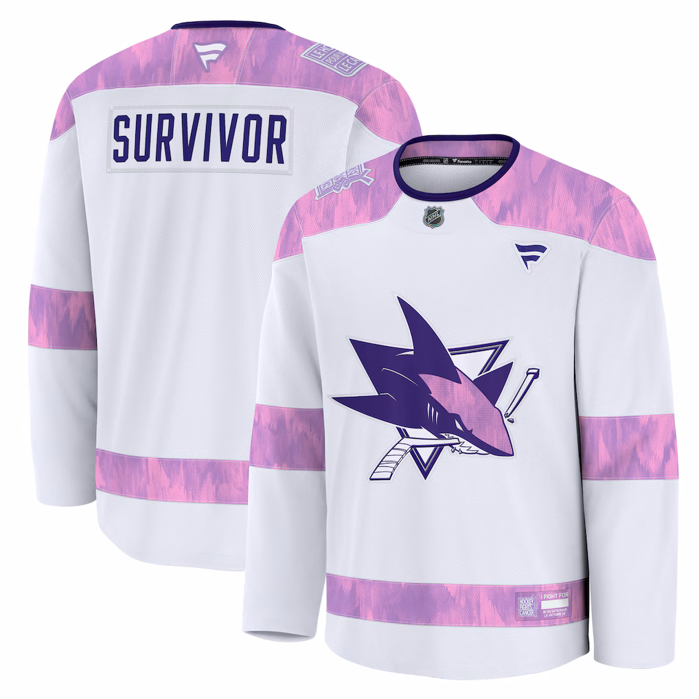 Men's San Jose Sharks Fanatics White Hockey Fights Cancer Survivor Practice Jersey