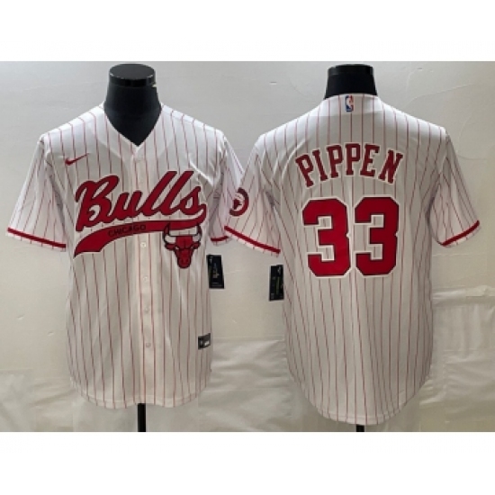 Men's Chicago Bulls #33 Scottie Pippen White Pinstripe Cool Base Stitched Baseball Jersey - Ujersey