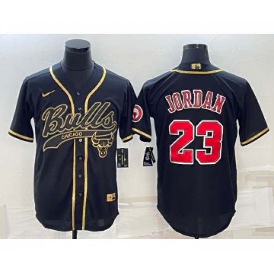Men's Chicago Bulls #23 Michael Jordan Black Gold With Patch Cool Base Stitched Baseball Jersey - Ujersey