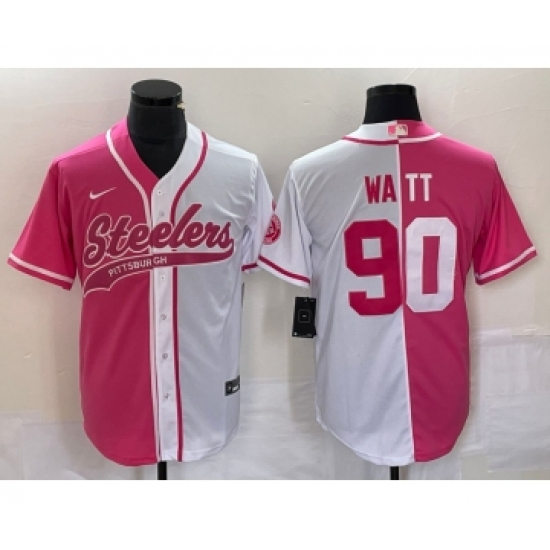 Men's Nike Pittsburgh Steelers #90 TJ Watt Pink White Two Tone Cool Base Stitched Baseball Jersey - Ujersey