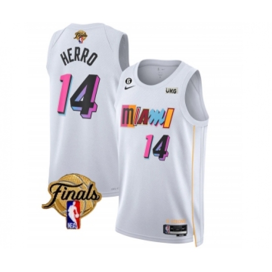 Men's Miami Heat #14 Tyler Herro White 2023 Finals City Edition With NO.6 Stitched Basketball Jersey - Ujersey