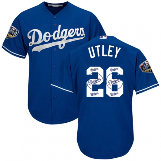 Men's Majestic Los Angeles Dodgers #26 Chase Utley Authentic Royal Blue Team Logo Fashion Cool Base 2018 World Series MLB Jersey - Ujersey