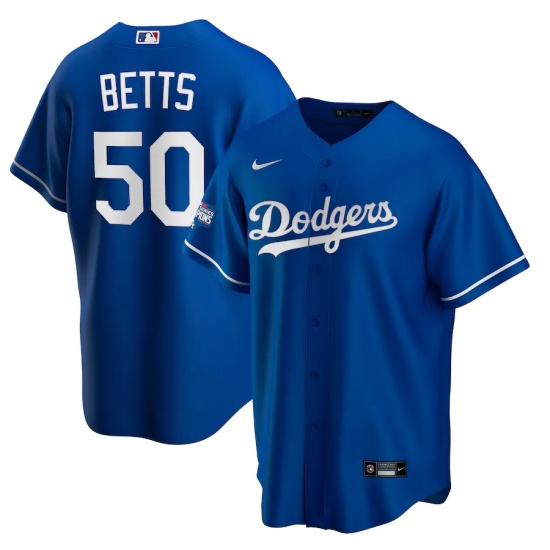 Men's Los Angeles Dodgers #50 Mookie Betts Nike Royal 2020 World Series Champions Patch Alternate Replica Jersey - Ujersey