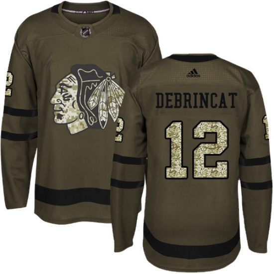Youth Adidas Chicago Blackhawks #12 Alex DeBrincat Authentic Green Salute to Service NHL Jersey - Ujersey