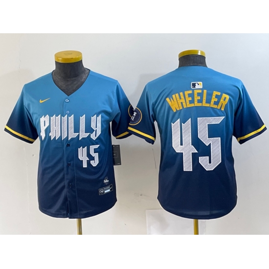 Youth Philadelphia Phillies #45 Zack Wheeler Blue 2024 City Player Number Cool Base Stitched Jersey - Ujersey