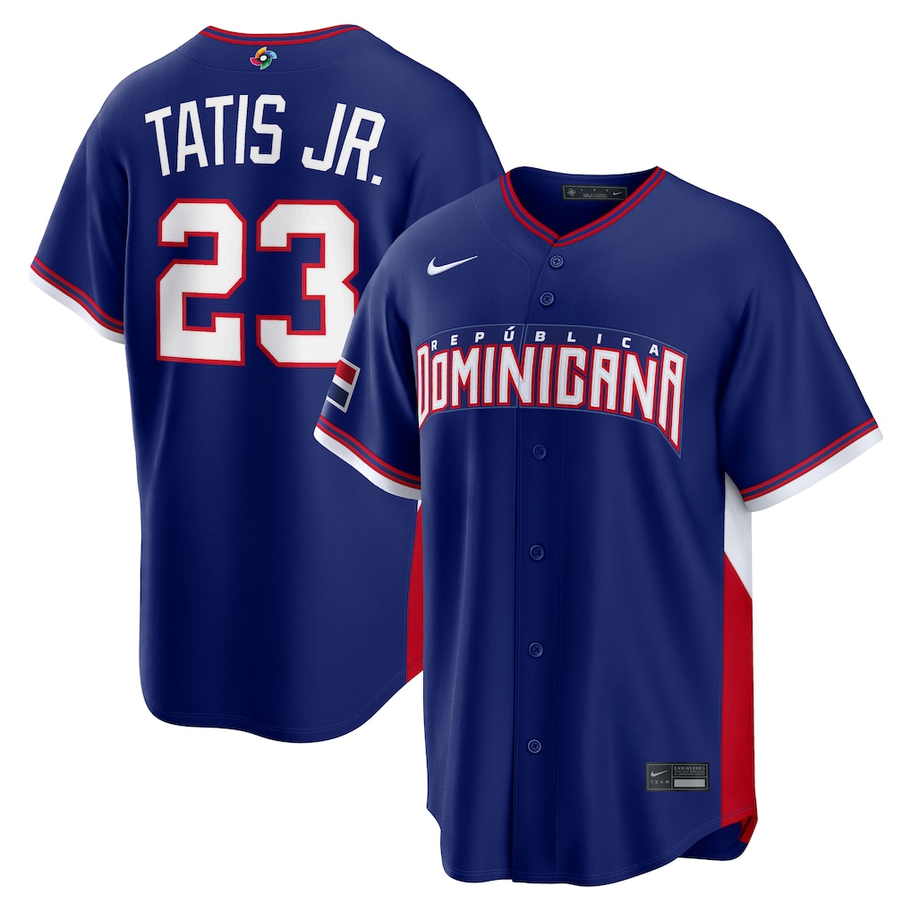 Men's Dominican Republic Baseball Fernando Tatis Jr. Nike Royal 2026 World Baseball Classic Road Stadium Jersey - SUjersey01