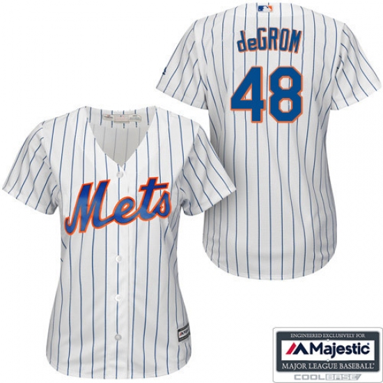 Women's Majestic New York Mets #48 Jacob deGrom Replica White/Blue Strip MLB Jersey