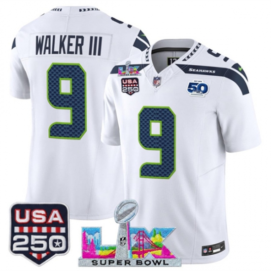 Men's Seattle Seahawks #9 Kenneth Walker III White 2025 F.U.S.E. Super Bowl LX And 50th Season & USA 250 Vapor Limited Football Stitched Jersey - Ujersey