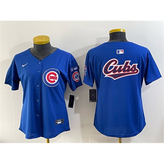 Women's Chicago Cubs Team Big Logo Royal 'Ryne Sandberg Tribute' Vapor Limited V3 Stitched Baseball Jersey(Run Small) - Ujersey