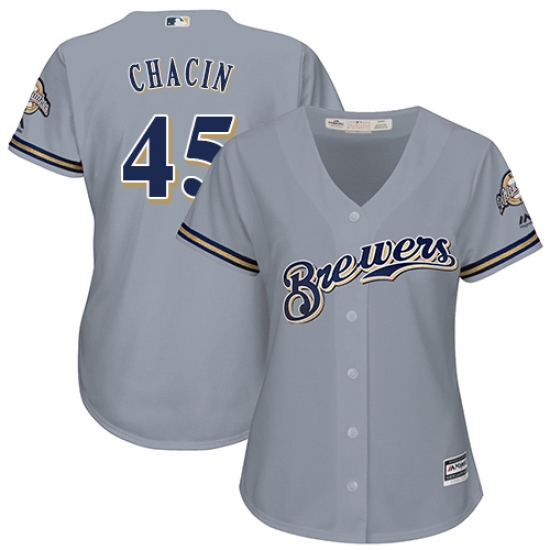 Women's Majestic Milwaukee Brewers #45 Jhoulys Chacin Authentic Grey Road Cool Base MLB Jersey - Ujersey