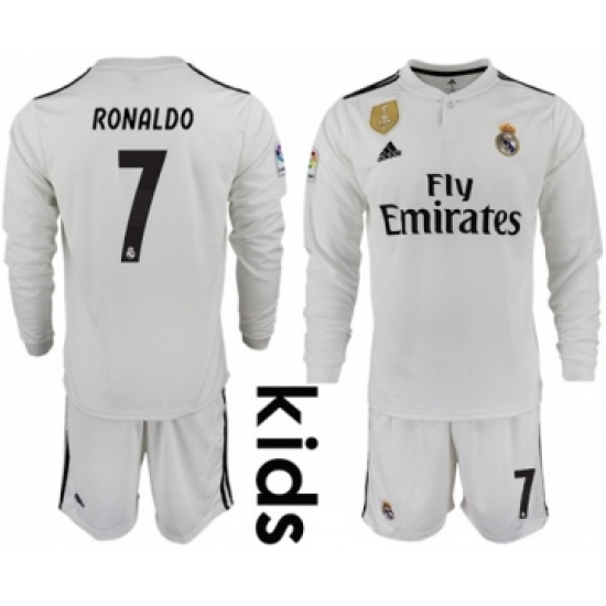 Real Madrid #7 Ronaldo Home Long Sleeves Kid Soccer Club Jersey