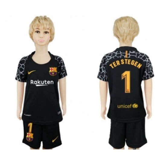 Barcelona #1 Ter Stegen Black Goalkeeper Kid Soccer Club Jersey