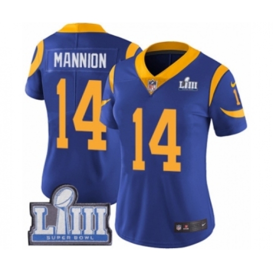 Women's Nike Los Angeles Rams #14 Sean Mannion Royal Blue Alternate Vapor Untouchable Limited Player Super Bowl LIII Bound NFL Jersey - Ujersey