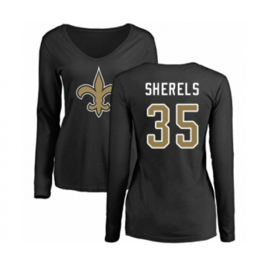 Football Women's New Orleans Saints #35 Marcus Sherels Black Name & Number Logo Slim Fit Long Sleeve T-Shirt - Ujersey