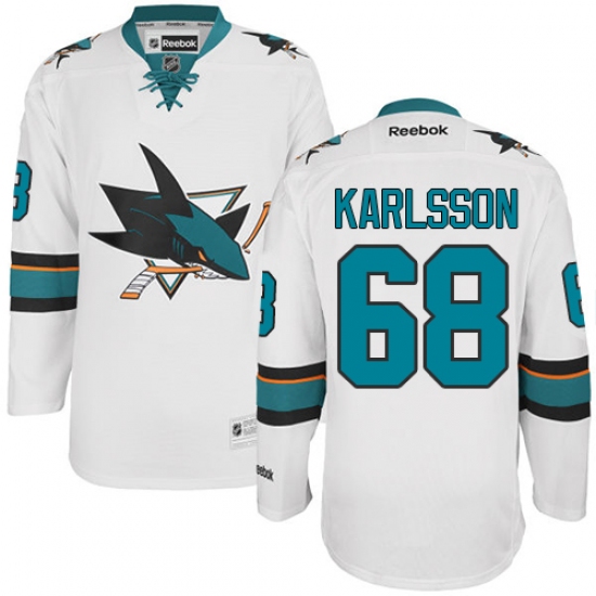Men's Reebok San Jose Sharks #68 Melker Karlsson Authentic White Away NHL Jersey - Ujersey
