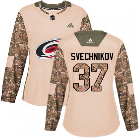 Women's Adidas Carolina Hurricanes #37 Andrei Svechnikov Authentic Camo Veterans Day Practice NHL Jersey