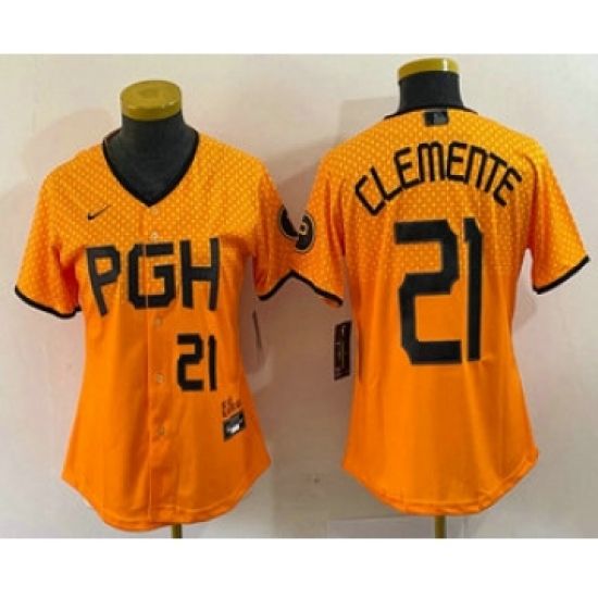 Women's Pittsburgh Pirates #21 Roberto Clemente Number Yellow 2023 City Connect Stitched Jersey - Ujersey