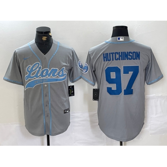 Men's Detroit Lions #97 Aidan Hutchinson Grey With Cool Base Stitched Baseball Jersey - Ujersey