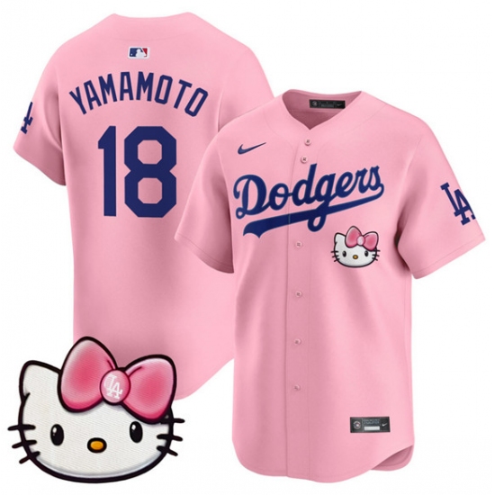 Men's Los Angeles Dodgers #18 Yoshinobu Yamamoto Pink 2025 Hello Kitty Vapor Limited Stitched Baseball Jersey - Ujersey