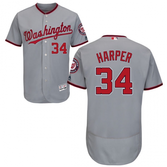 Men's Majestic Washington Nationals #34 Bryce Harper Grey Road Flex Base Authentic Collection MLB Jersey - Ujersey
