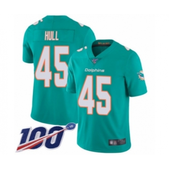 Men's Miami Dolphins #45 Mike Hull Aqua Green Team Color Vapor Untouchable Limited Player 100th Season Football Jersey - Ujersey