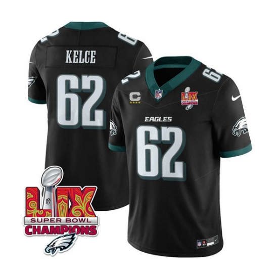 Men's Philadelphia Eagles #62 Jason Kelce Black 2025 Eagles Logo Super Bowl LIX And 4-Star C New F.U.S.E. Vapor Limited Football Stitched Jersey