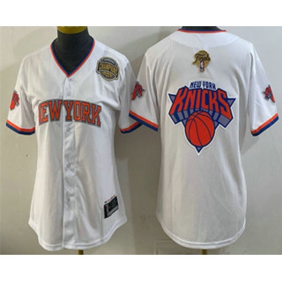 Women's New York Knicks Team Big Logo White 2026 Finals Eastern Conference Champions Stitched Baseball Jersey