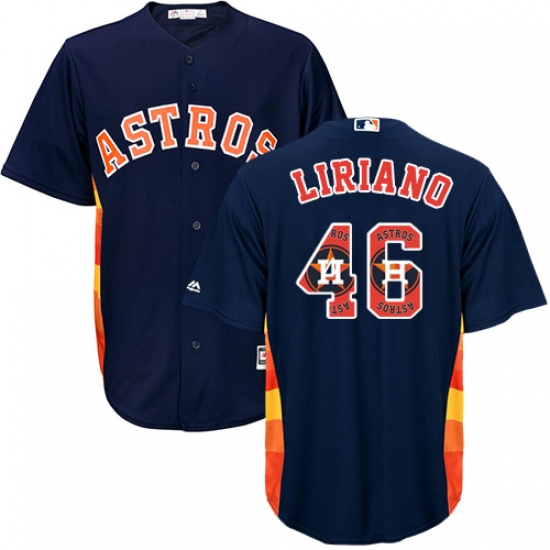 Men's Majestic Houston Astros #46 Francisco Liriano Authentic Navy Blue Team Logo Fashion Cool Base MLB Jersey - Ujersey