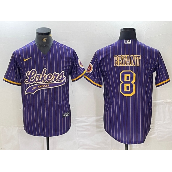 Men's Los Angeles Lakers #8 Kobe Bryant Purple Pinstripe Cool Base Stitched Baseball Jersey - Ujersey