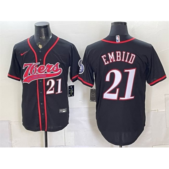 Men's Philadelphia 76ers #21 Joel Embiid Black Cool Base Stitched Baseball Jersey - Ujersey