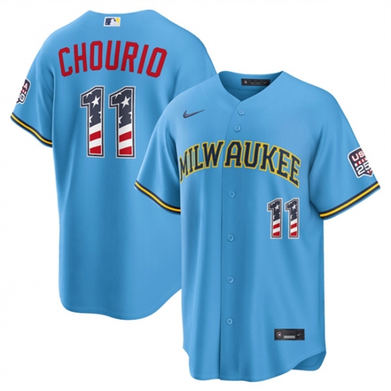 Men's Milwaukee Brewers #11 Jackson Chourio Blue 2026 USA 250 Fourth of July Home Stadium Stitched Baseball Jersey - Ujersey