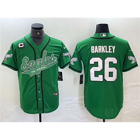Men's Philadelphia Eagles #26 Saquon Barkley Green With 3-star C Cool Base Baseball Stitched Jersey - Ujersey