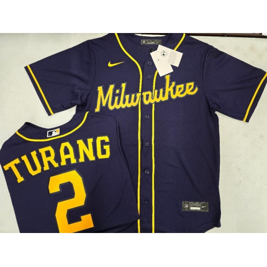 Men's Milwaukee Brewers #2 Brice Turang Navy Blue Stitched MLB Cool Base Nike Jersey - Ujersey