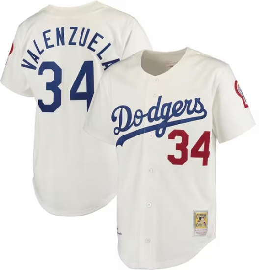 Men's Los Angeles Dodgers #34 Fernando Valenzuela Cream Mitchell & Ness Stitched Baseball Jersey - Ujersey