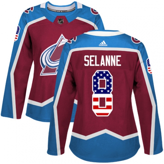 Women's Adidas Colorado Avalanche #8 Teemu Selanne Authentic Burgundy Red USA Flag Fashion NHL Jersey