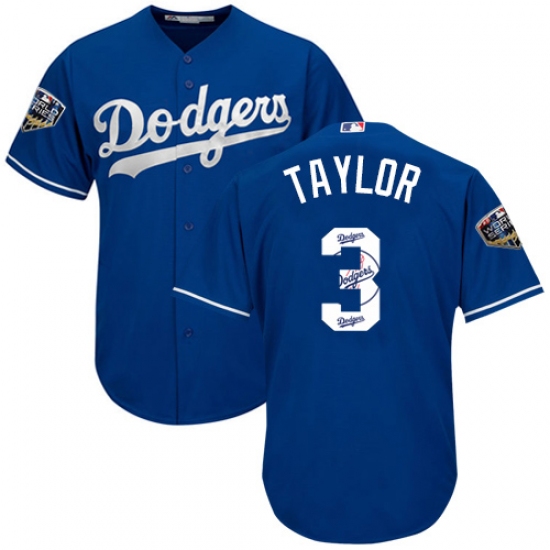 Men's Majestic Los Angeles Dodgers #3 Chris Taylor Authentic Royal Blue Team Logo Fashion Cool Base 2018 World Series MLB Jersey - Ujersey
