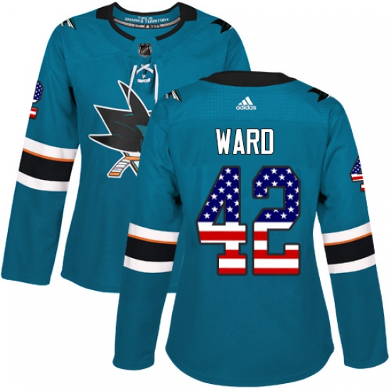Women's Adidas San Jose Sharks #42 Joel Ward Authentic Teal Green USA Flag Fashion NHL Jersey - Ujersey