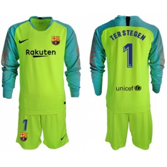 Barcelona #1 Ter Stegen Shiny Green Goalkeeper Long Sleeves Soccer Club Jersey