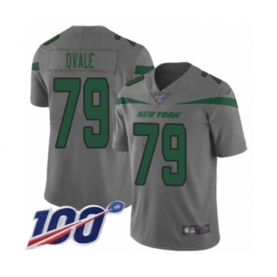 Men's New York Jets #79 Brent Qvale Limited Gray Inverted Legend 100th Season Football Jersey - Ujersey